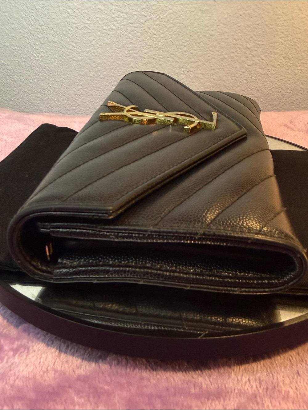 Authentic YSL Black Grained Leather Cassandre Matelassé Large Flap Wallet - Picture 7 of 14